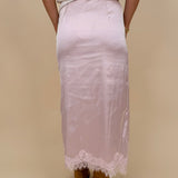 Sally Lace Trim Midi Skirt in lavender satin with scalloped lace side slit and bow ties — Paper Doll