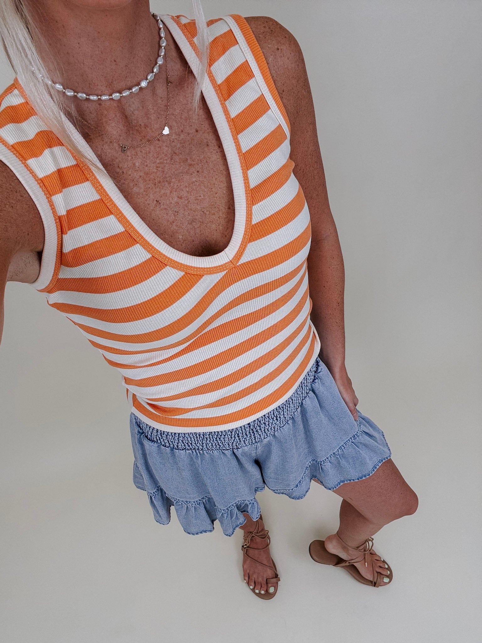 Penny Striped Tank in orange and cream stripes with a V-neck — Paper Doll
