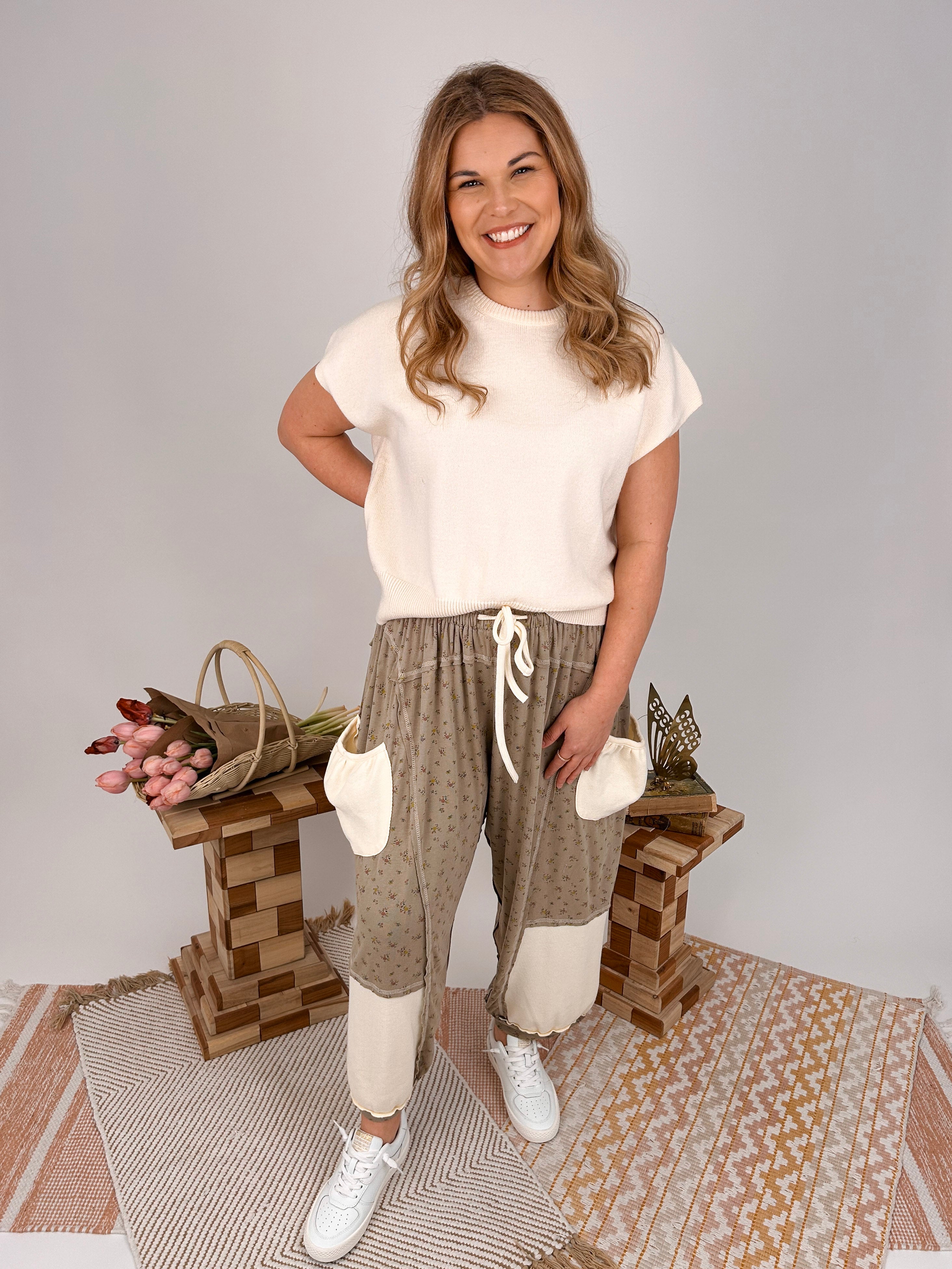 Stephanie Ditsy Floral Jogger in taupe with cream contrast pockets and cuffs - woman wearing relaxed fit drawstring joggers