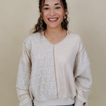 Jasmine Knit Top in oatmeal with diamond quilted and waffle knit panels — Paper Doll