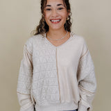 Jasmine Knit Top in oatmeal with diamond quilted and waffle knit panels — Paper Doll