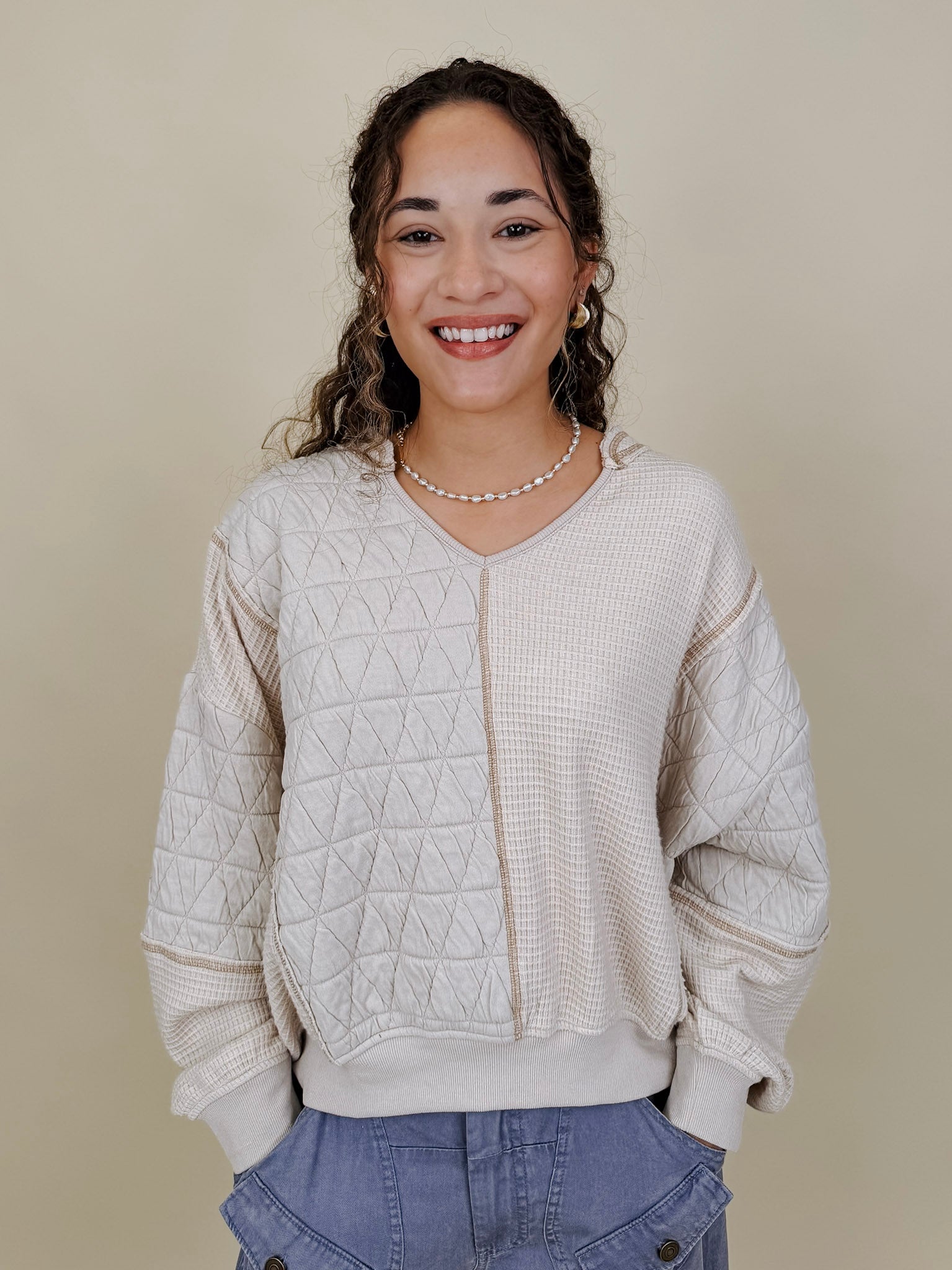 Jasmine Knit Top in oatmeal with diamond quilted and waffle knit panels — Paper Doll