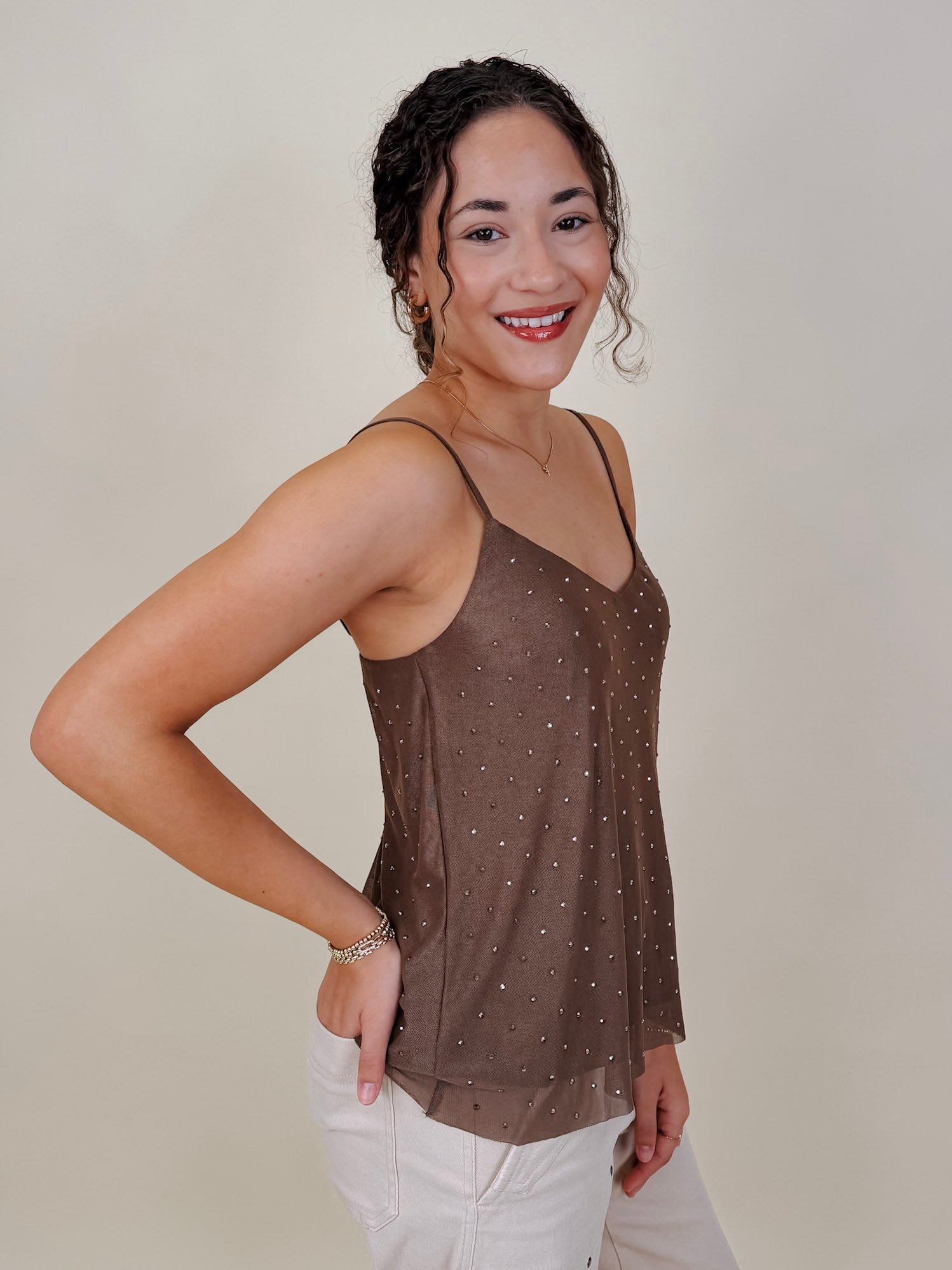 Rhinestud Blouse in mocha mesh with scattered rhinestones — Paper Doll