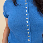 Stay Cool Sweater Top with pearl button front closure and short sleeve knit silhouette — Paper Doll