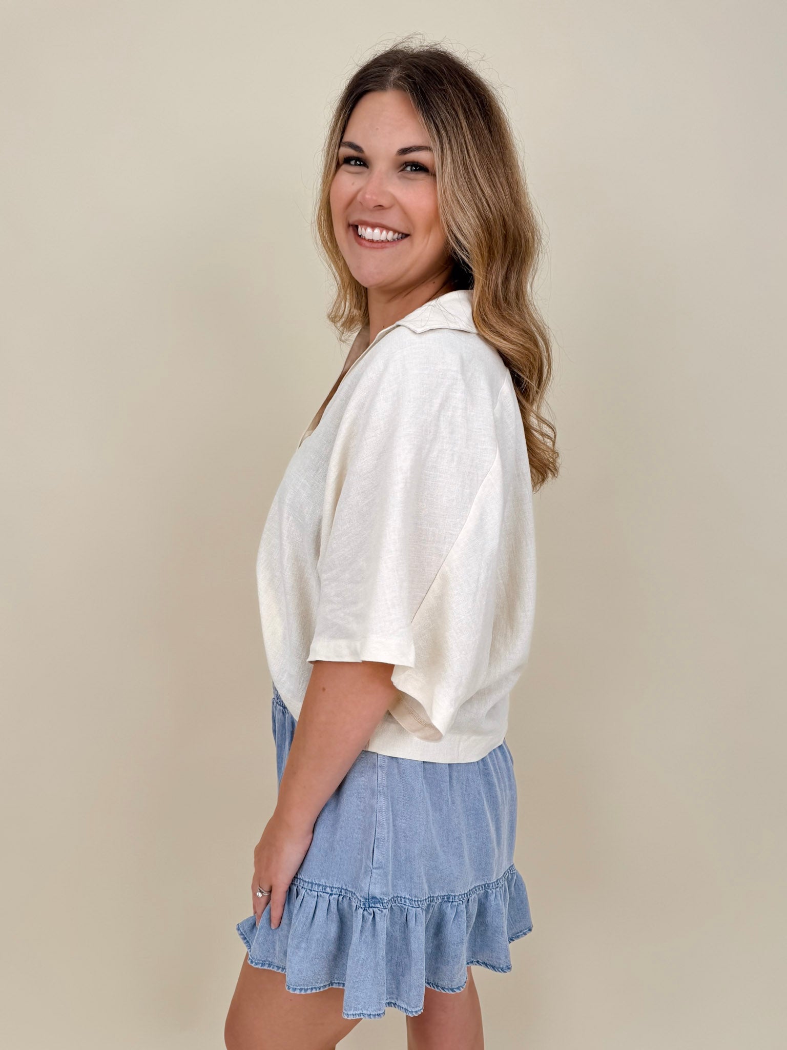 Galilea Oversized Open Collar Top in cream with relaxed collar and boxy fit — Paper Doll