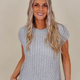Miranda May Sweater Vest in heather grey ribbed knit with rolled crew neck — Paper Doll