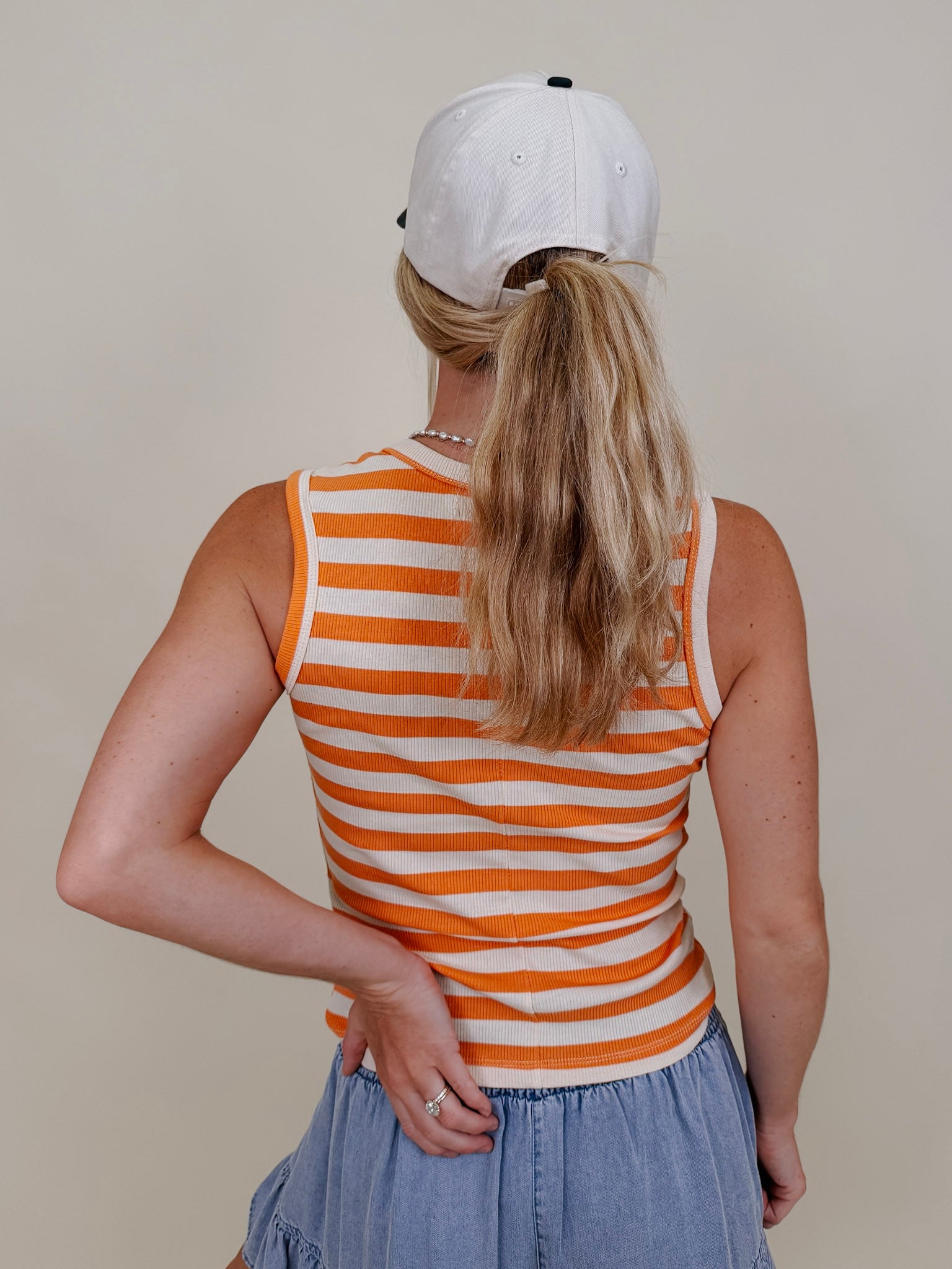 Penny Striped Tank in orange and cream stripes with a V-neck — Paper Doll
