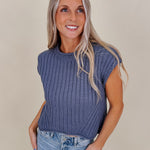 Miranda May Sweater Vest in dusty blue ribbed knit with rolled crew neck — Paper Doll