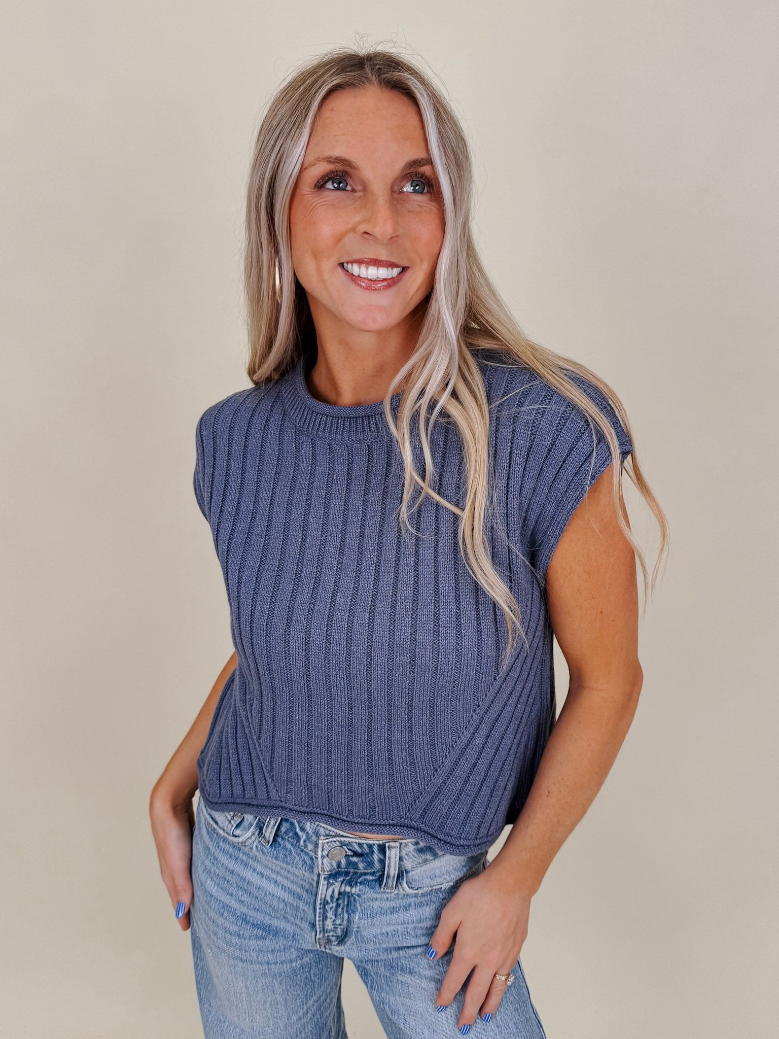 Miranda May Sweater Vest in dusty blue ribbed knit with rolled crew neck — Paper Doll