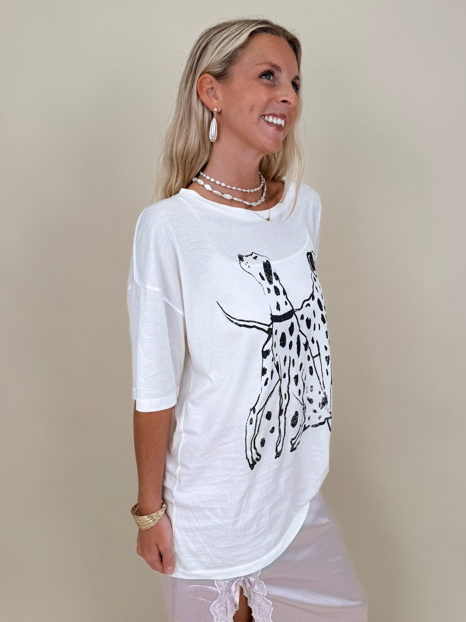 Dalmatian Graphic Tee with black sketch-style dalmatian print on ivory — Paper Doll