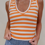 Penny Striped Tank in orange and cream stripes with a V-neck — Paper Doll
