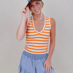 Penny Striped Tank in orange and cream stripes with a V-neck — Paper Doll
