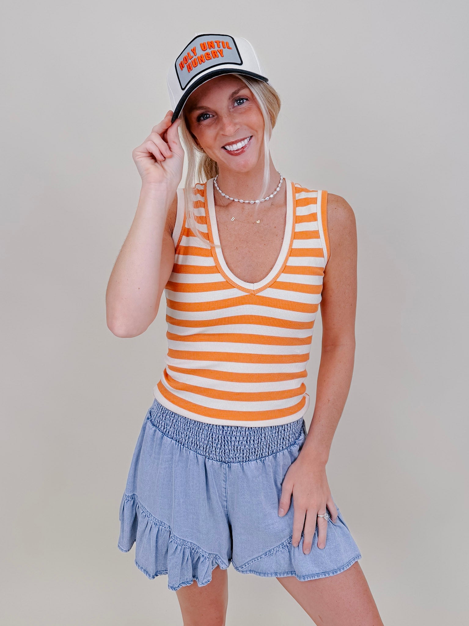 Penny Striped Tank in orange and cream stripes with a V-neck — Paper Doll
