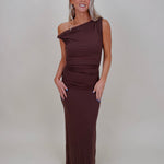 Natalie Ruched Maxi Dress in chocolate brown with asymmetric neckline and ruched waist — Paper Doll