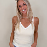 Any Day Now Tank with ribbed knit, double straps, and white contrast V-neckline — Paper Doll