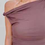 Natalie Ruched Maxi Dress in chocolate brown with asymmetric neckline and ruched waist — Paper Doll