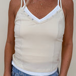 Any Day Now Tank with ribbed knit, double straps, and white contrast V-neckline — Paper Doll