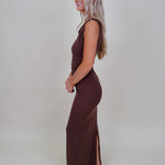 Natalie Ruched Maxi Dress in chocolate brown with asymmetric neckline and ruched waist — Paper Doll