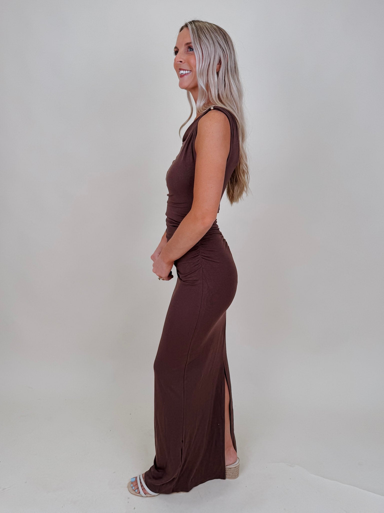 Natalie Ruched Maxi Dress in chocolate brown with asymmetric neckline and ruched waist — Paper Doll