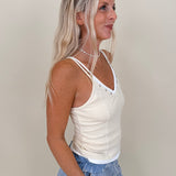 Any Day Now Tank with ribbed knit, double straps, and white contrast V-neckline — Paper Doll