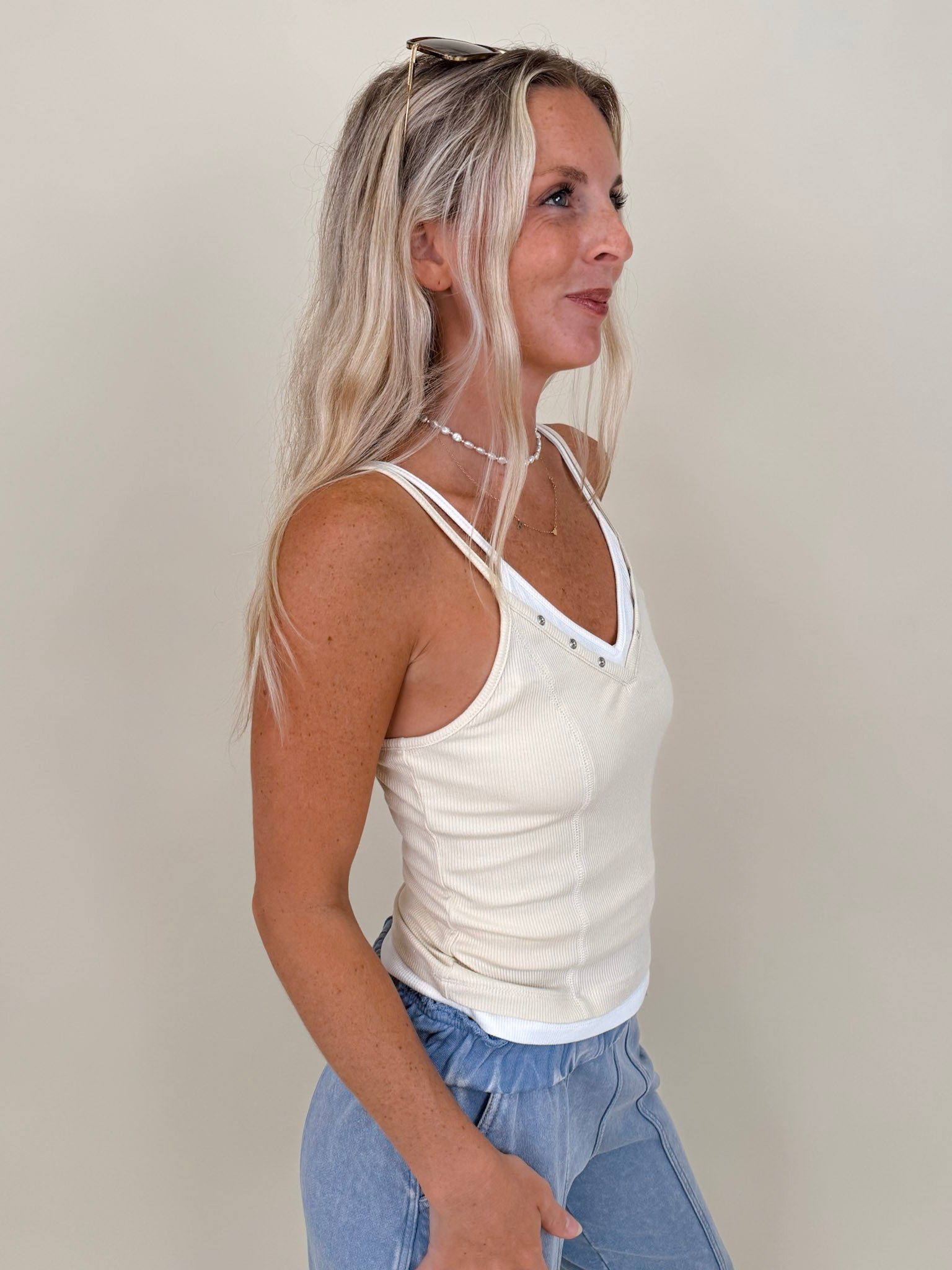 Any Day Now Tank with ribbed knit, double straps, and white contrast V-neckline — Paper Doll