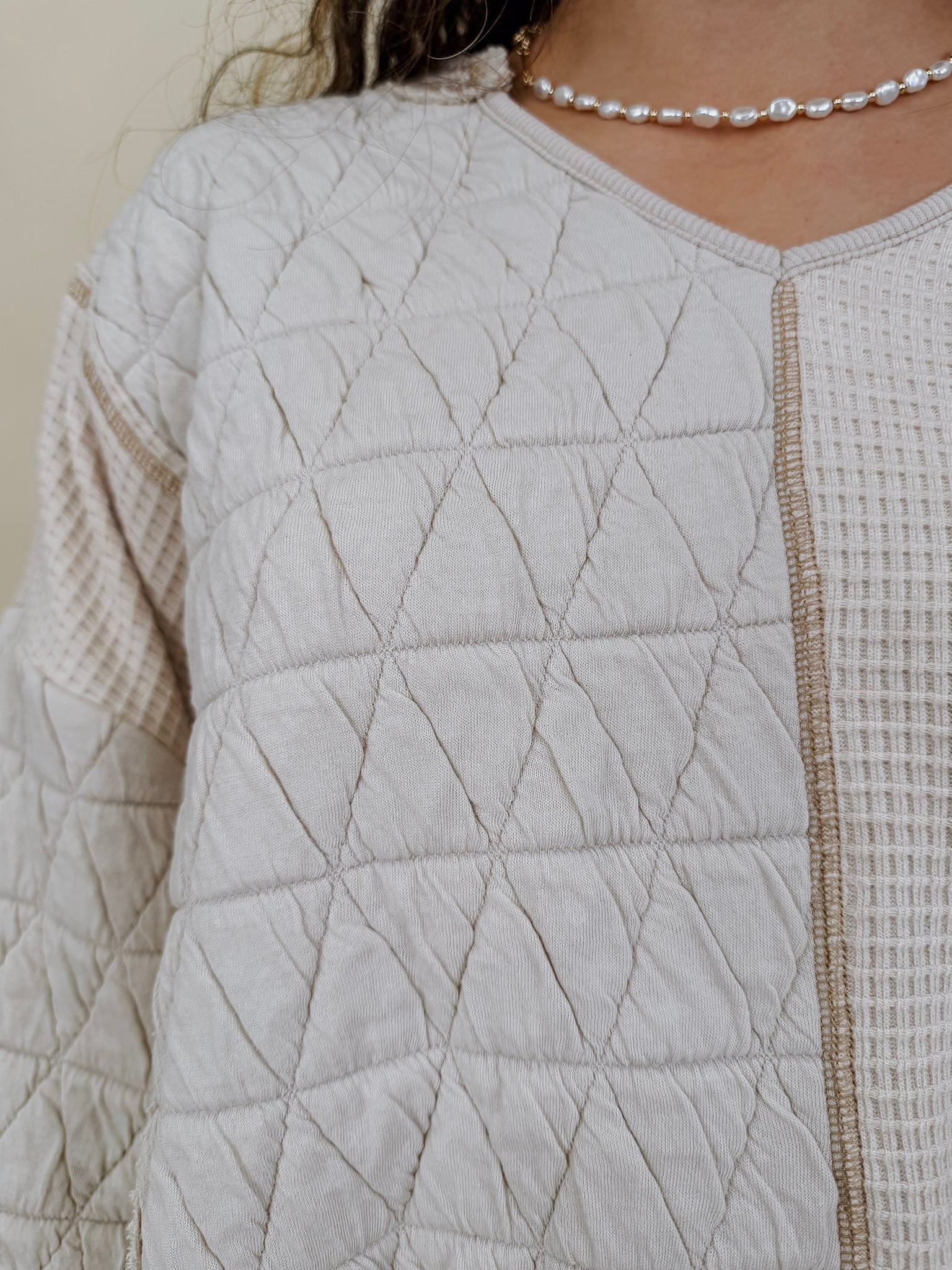 Jasmine Knit Top in oatmeal with diamond quilted and waffle knit panels — Paper Doll