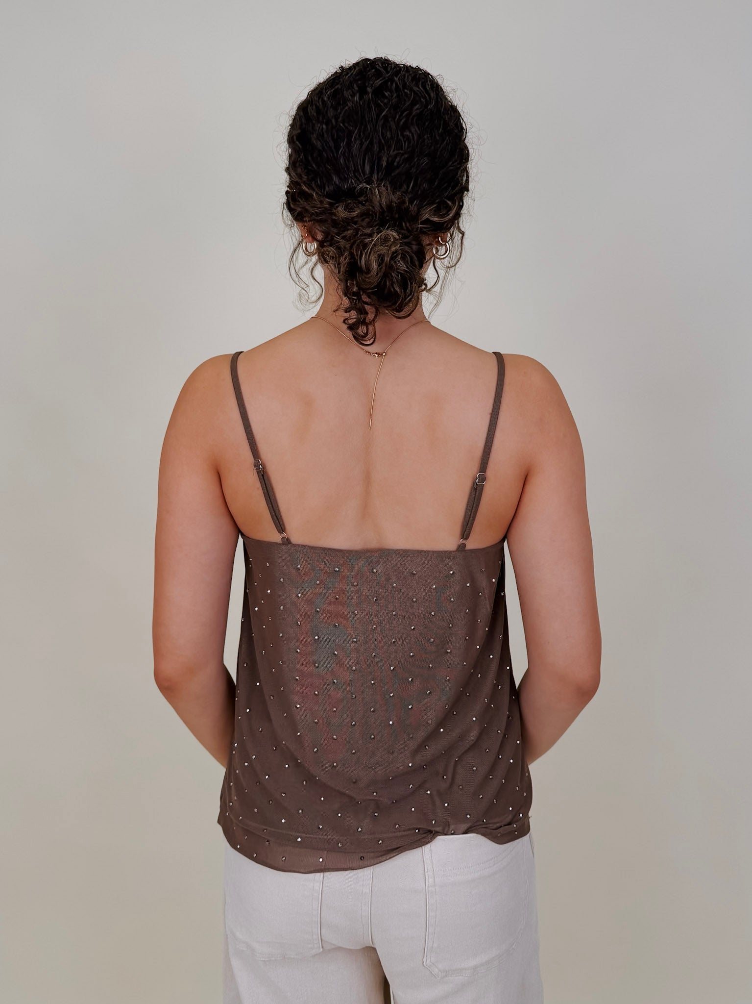 Rhinestud Blouse in mocha mesh with scattered rhinestones — Paper Doll