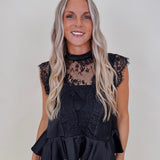 So Long London Blouse in black satin with lace bib and ruffle peplum hem — Paper Doll
