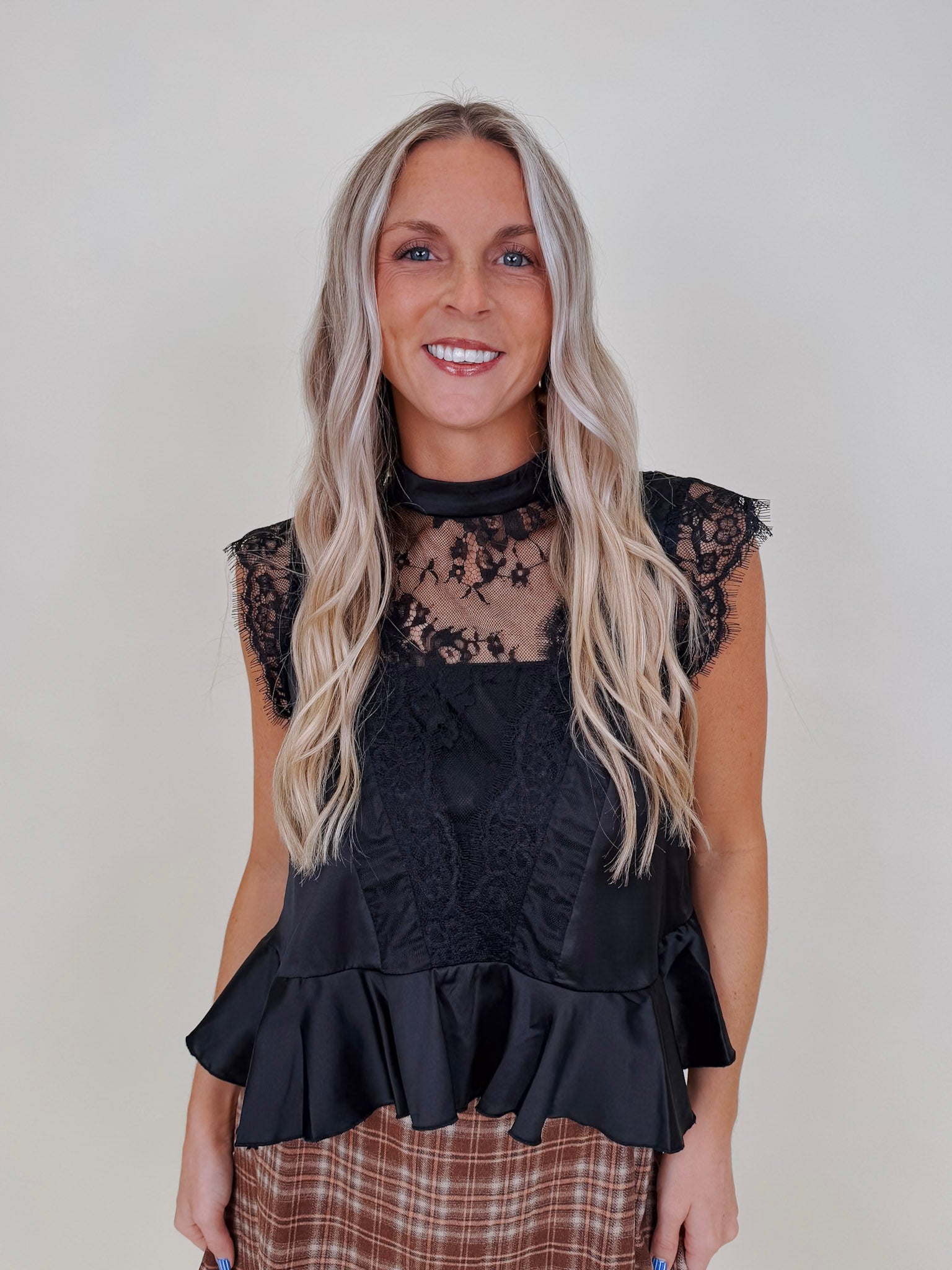 So Long London Blouse in black satin with lace bib and ruffle peplum hem — Paper Doll