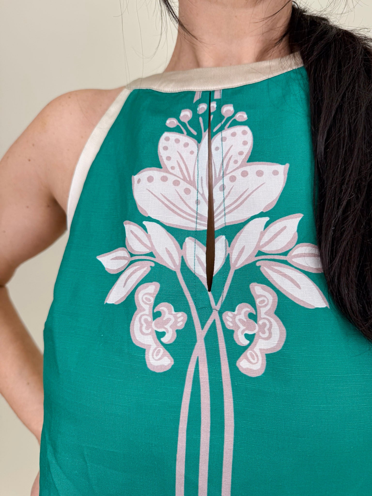 Bahama Oceans Halter Top in teal with cream botanical floral print and halter neckline — Paper Doll
