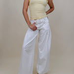 Lottie Boho Balloon Jean Pants in crisp white with cinch-tie balloon hem — Paper Doll
