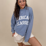 "American Classic" Reversible Sweater in light blue with varsity graphic and mock neck — Paper Doll
