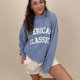 "American Classic" Reversible Sweater in light blue with varsity graphic and mock neck — Paper Doll
