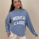"American Classic" Reversible Sweater in light blue with varsity graphic and mock neck — Paper Doll
