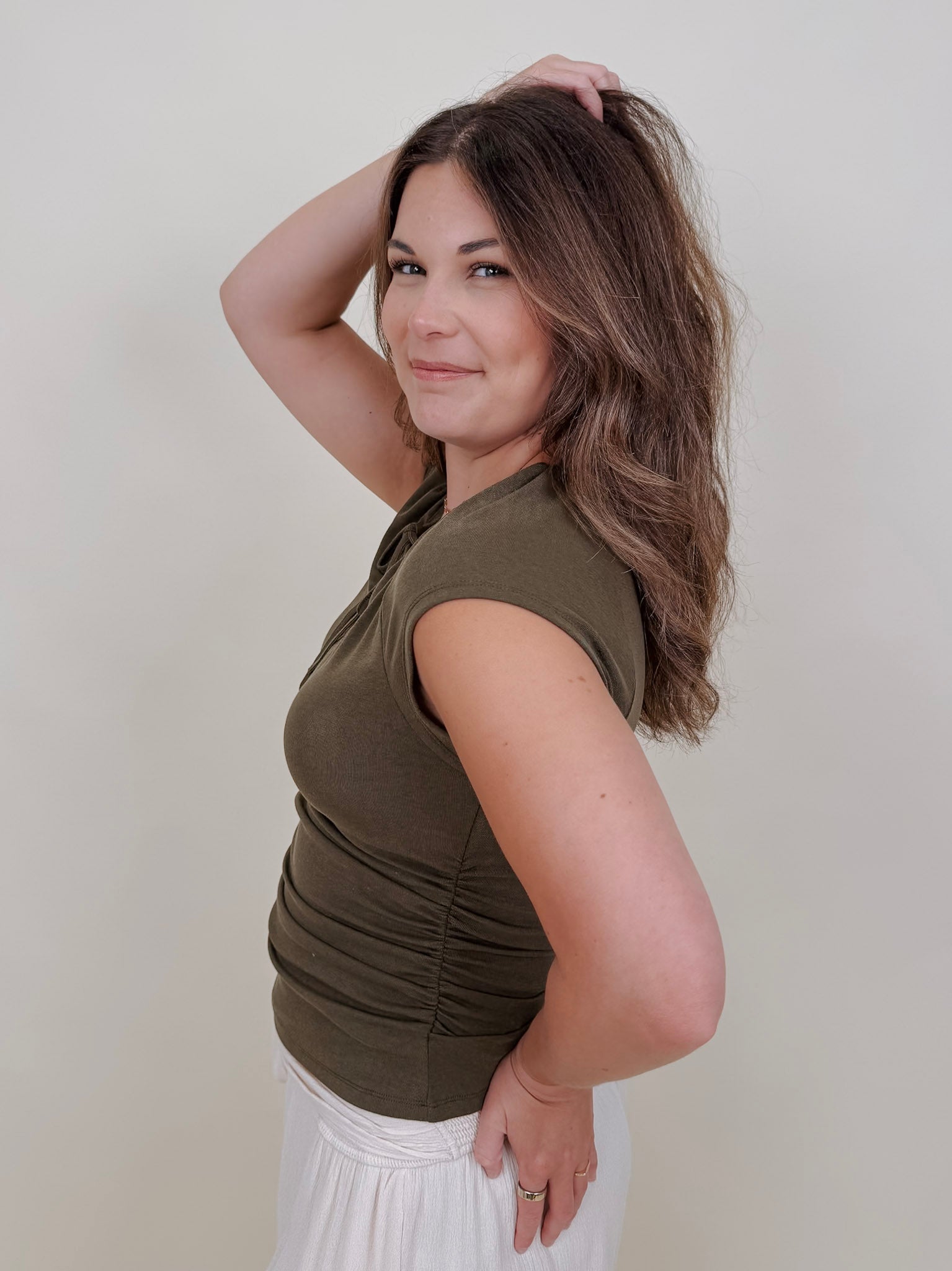 Allie Tie Detail Blouse in olive with a keyhole tie neckline — Paper Doll
