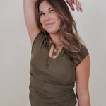 Allie Tie Detail Blouse in olive with a keyhole tie neckline — Paper Doll
