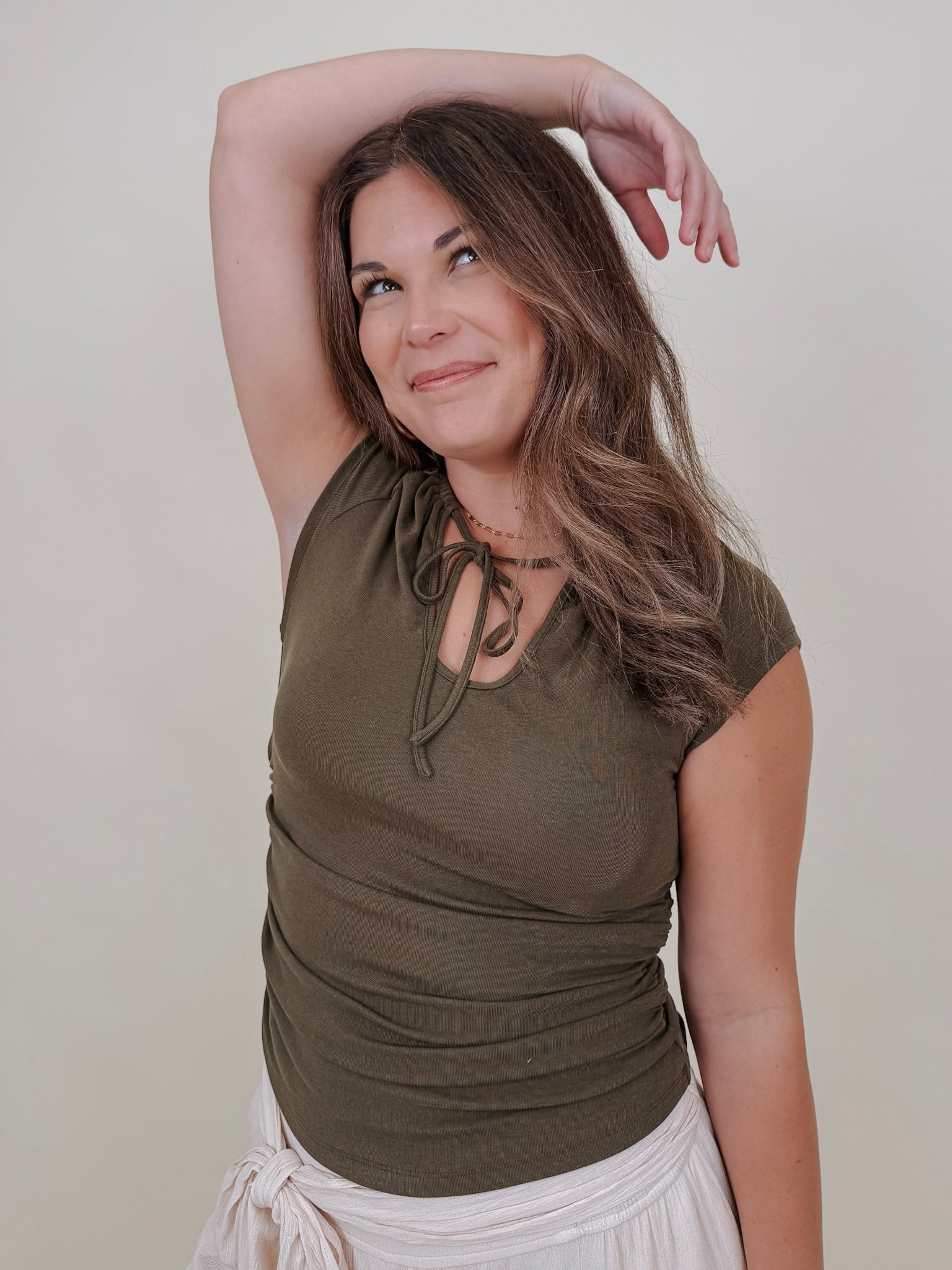 Allie Tie Detail Blouse in olive with a keyhole tie neckline — Paper Doll
