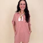 Regan Striped Mini Dress in peach stripe with collared V-neck and patch pockets — Paper Doll