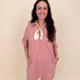 Regan Striped Mini Dress in peach stripe with collared V-neck and patch pockets — Paper Doll
