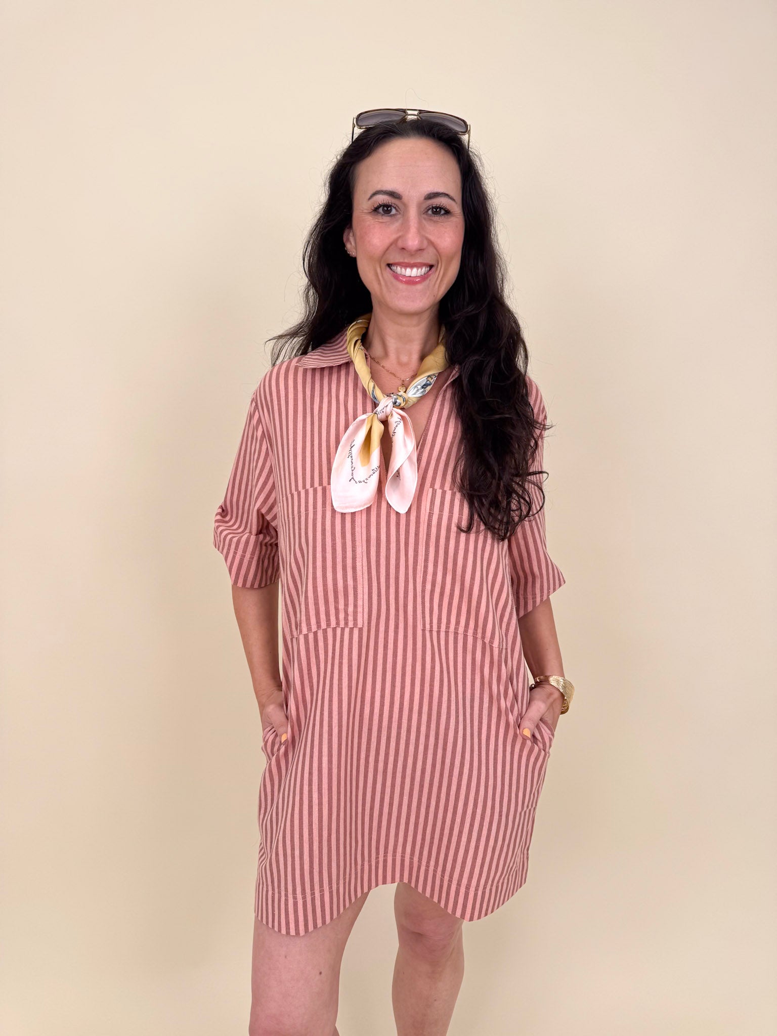 Regan Striped Mini Dress in peach stripe with collared V-neck and patch pockets — Paper Doll
