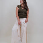 Allie Tie Detail Blouse in olive with a keyhole tie neckline — Paper Doll
