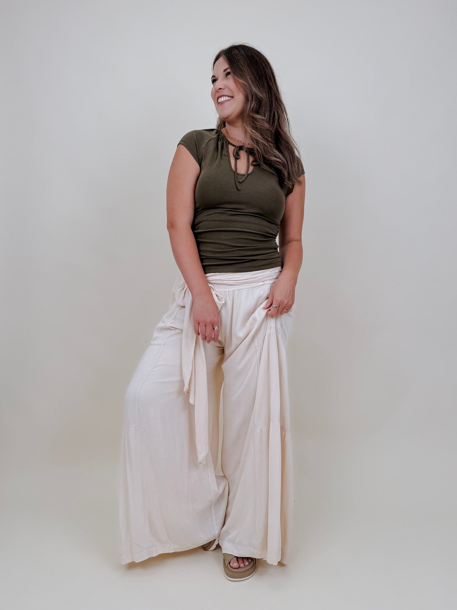 Allie Tie Detail Blouse in olive with a keyhole tie neckline — Paper Doll
