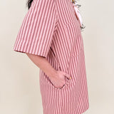 Regan Striped Mini Dress in peach stripe with collared V-neck and patch pockets — Paper Doll