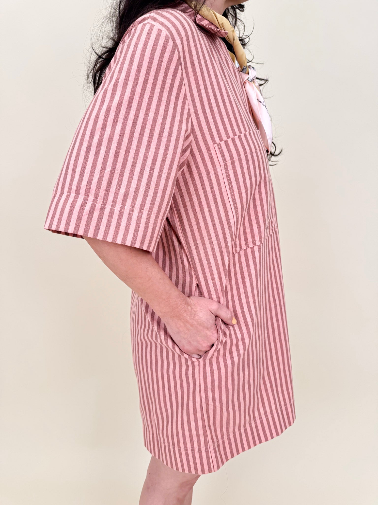 Regan Striped Mini Dress in peach stripe with collared V-neck and patch pockets — Paper Doll