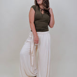 Allie Tie Detail Blouse in olive with a keyhole tie neckline — Paper Doll
