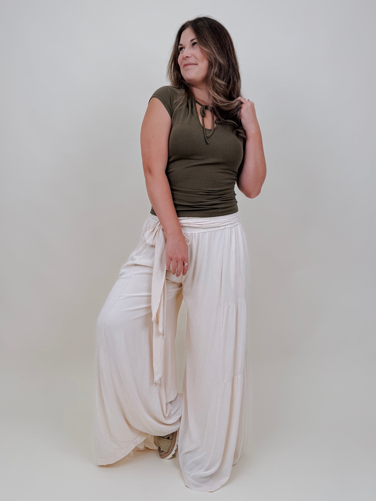 Allie Tie Detail Blouse in olive with a keyhole tie neckline — Paper Doll

