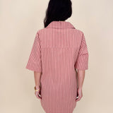 Regan Striped Mini Dress in peach stripe with collared V-neck and patch pockets — Paper Doll