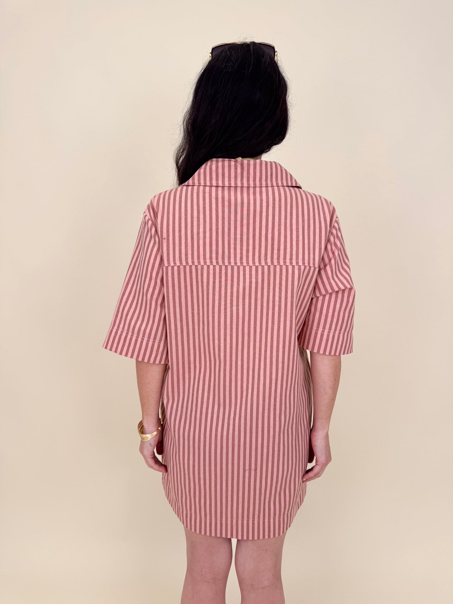 Regan Striped Mini Dress in peach stripe with collared V-neck and patch pockets — Paper Doll