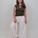 Allie Tie Detail Blouse in olive with a keyhole tie neckline — Paper Doll
