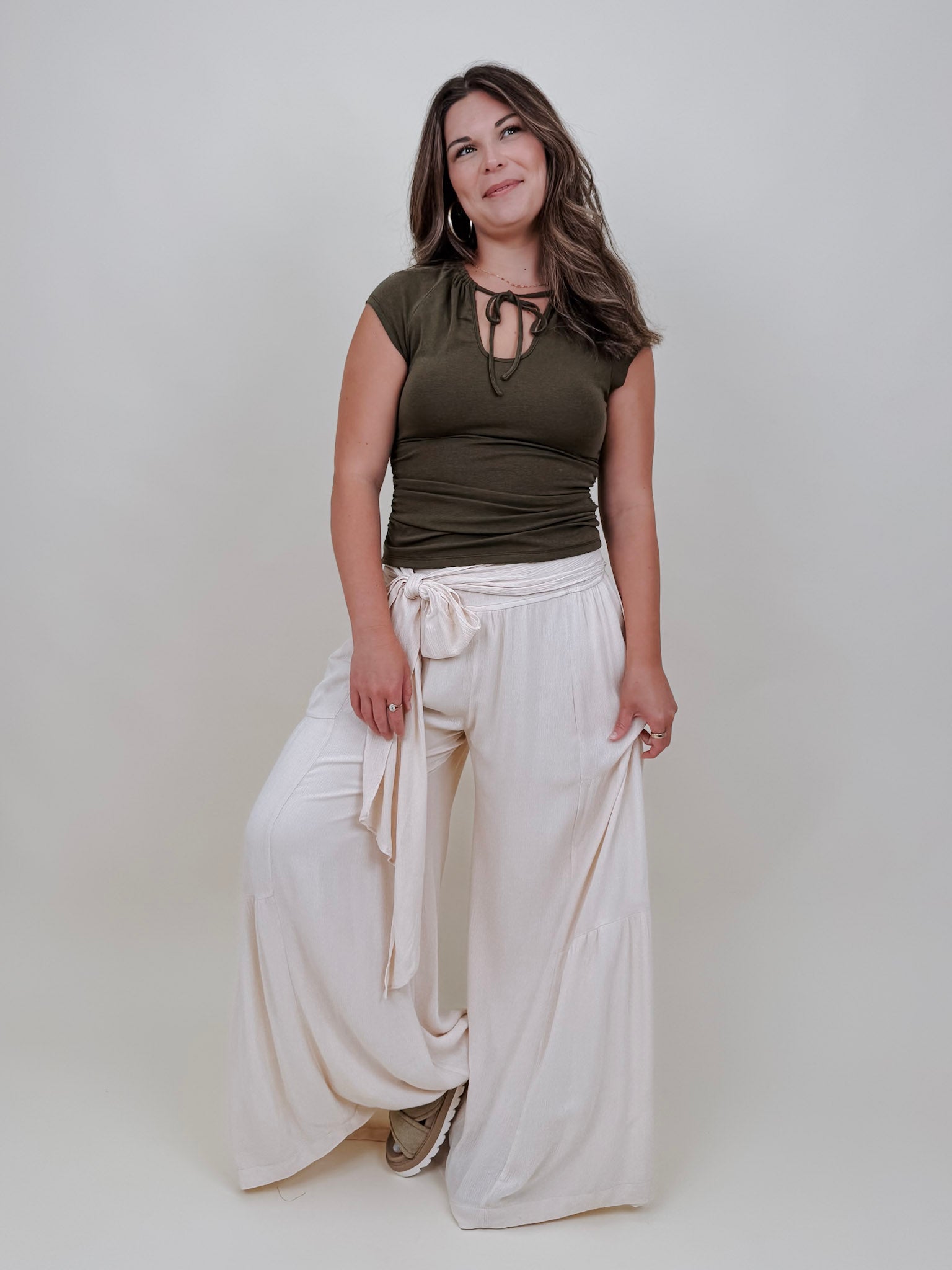 Allie Tie Detail Blouse in olive with a keyhole tie neckline — Paper Doll
